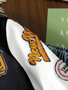 SHEIN 男童字母徽章休闲棒球夹克，酷炫街头风格，适合日常外出、学院风、搭配、派对 - 黑色 - 查看 6