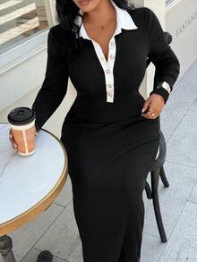 Calvaya Damen Kleid in Große Größen mit Knopfleiste und Kontrastfarben Schwarz & Weiß, Lässig - Schwarz - Übersicht 7