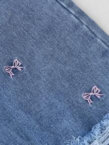 Girls' Y2K Straight Leg Jeans, Spring/Autumn New Arrival, Blue Washed, Cute Cherry Blossom & Bow Embroidery, Distressed Design, Casual Loose Fit, Elastic Waist, Versatile For Daily, Party, School, Travel, Commute, 25 Autumn New Collection - Medium Wash - View 7