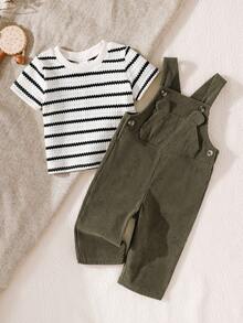 Set de 2 piezas para niños pequeños: Camiseta de manga corta de cuello redondo a rayas y pantalón peto de pana ajustable con oso, adecuado para ir y venir, la escuela, vacaciones, deportes, primavera/otoño, 6M-3T, ropa para niños, ropa para bebés, ropa para niños pequeños, camiseta para niños pequeños, peto para niños pequeños - Verde Oscuro - Ver 4