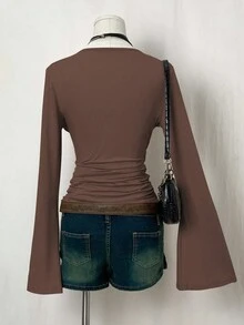 EgrlEra Áo thun dài tay cổ chữ V dáng ôm, màu trơn, phong cách tối giản - màu nâu - Xem 2