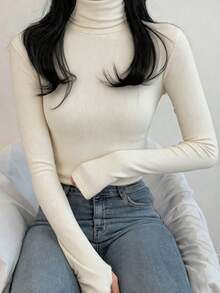 DAZY 女士动物图案高领休闲百搭通勤修身长袖T恤 - 白色 - 查看 5