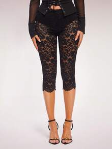 Radiana Women's Sexy Elegant Distinctive Black Lace Leggings, Fashionable Sexy 3/4 Length Skinny Pants, Lace 3/4 Leggings, Black 3/4 Pants, Black Sheer Leggings - Black - View 2