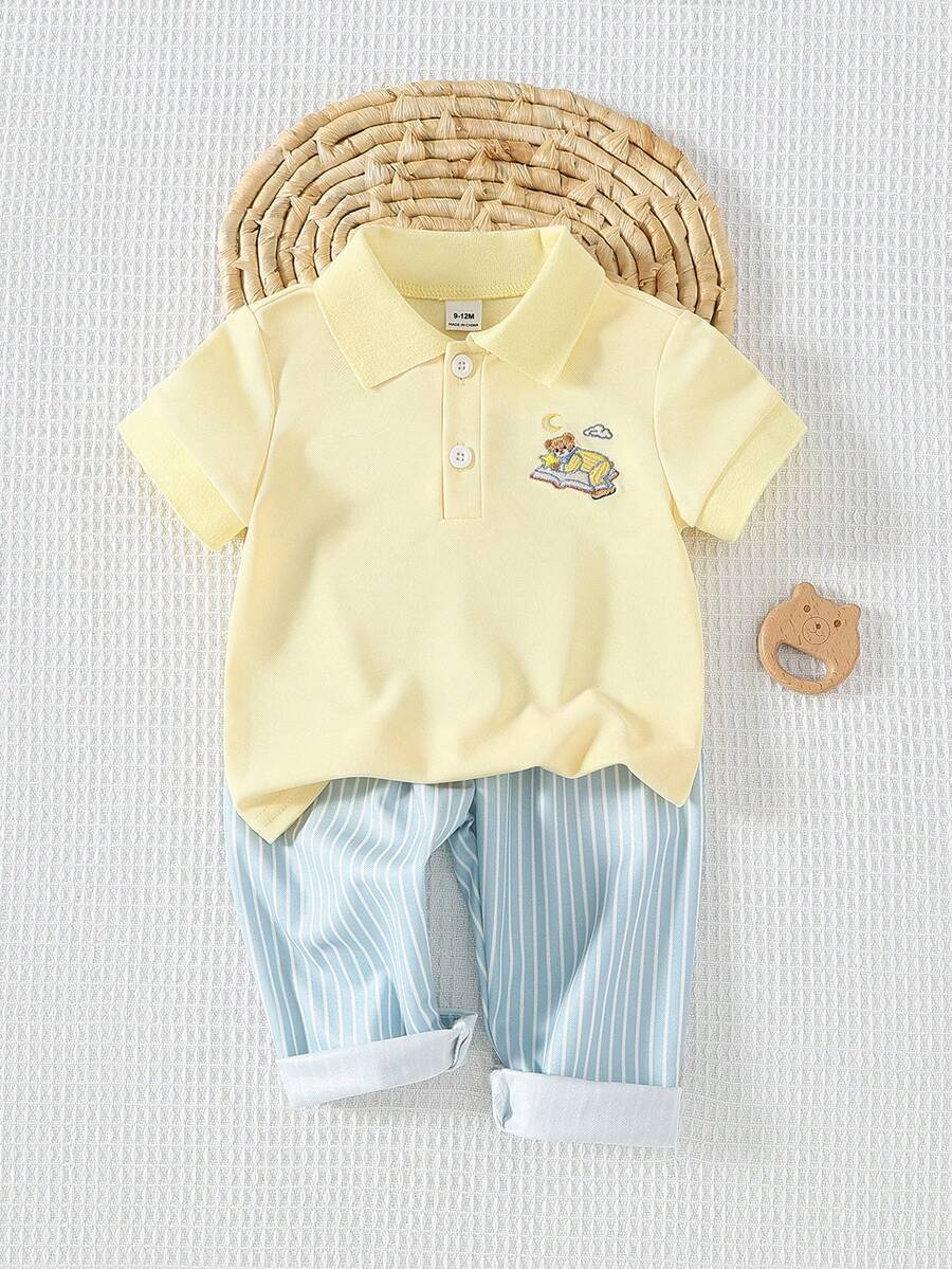 男婴休闲套装两件套 - 黄色小熊刺绣 Polo 衫和蓝绿条纹裤 - 黃色 - 查看 1