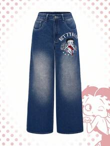 Betty Boop | ROMWE 哥特十字架和藤蔓玫瑰图案刺绣做旧水洗超大直筒加长Y2K牛仔裤 - 深色水洗藍 - 查看 8