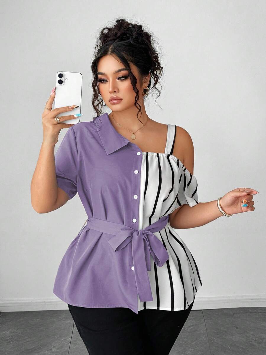Elenzga 大码休闲不对称条纹系带短袖落肩拼接衬衫，适合度假穿着 - 紫色 - 查看 1
