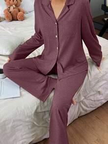 Dream Adore 女士宽松舒适针织领长袖睡衣套装 - 紫紅色 - 查看 3