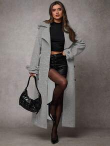 SHEIN BAE 女士长袖简约前开襟长款大衣，休闲日常穿着，复古保暖加厚，适合冬季、感恩节、万圣节、圣诞节等场合穿着。 - 淺灰色 - 查看 1