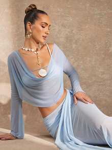 Lumalex Váy che nắng đi biển gợi cảm, chất liệu chiffon màu xanh nhạt, thiết kế bất đối xứng, xếp ly bên hông và rủ xuống phía trước, có chi tiết bèo nhún mềm mại ở eo, xuyên thấu, thích hợp cho du lịch biển, mùa xuân hè. - Màu xanh lam - Xem 3