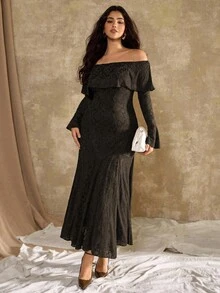 Roveilla 大码女式法式休闲牡丹花卉露肩鱼尾连衣裙 - 咖啡棕 - 查看 5