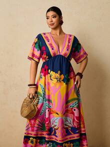 Travachic 大码女式热带植物印花度假连衣裙 鹦鹉印花连衣裙 V领短袖宽松连衣裙 - 彩色 - 查看 8