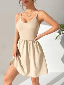 SHEIN EZwear 女士夏季休闲通勤拼接腰带短裙 - 杏色 - 查看 5