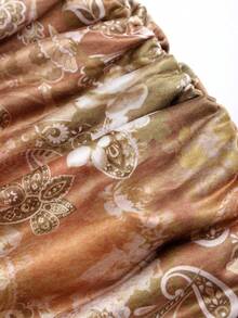 Sweetra Women's Paisley Print Summer Draped Neck Side Ruched Waist Slim Fit Bodycon Mini Dress, Sexy Boho Beach Holiday Style - Coffee Brown - View 3