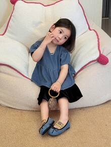 DAZY Toddler Girls' Round Neck Casual Ruffle Hem Washed Loose Short Sleeve Denim