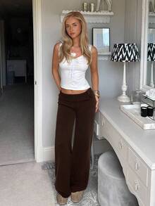 CovetEZ 女士休闲纯色低腰喇叭针织裤 - 巧克力棕 - 查看 4