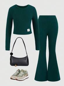 SHEIN 2pcs Tween Girls Casual Set: Loose Fit Stand Collar T-Shirt And Flare Pants - Green - View 4