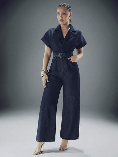 Denimoi Wide Leg Short Sleeve Collared Denim Jumpsuit Fashionable Denim Brunch Outfits Wide Leg Denim