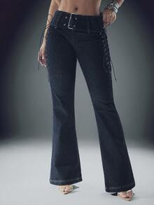 Denimoi Women's Fashion Versatile Commuting Flare Jeans With Eyelet Lace-Up Design