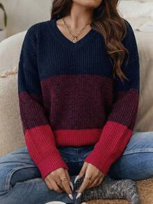 SHEIN LUNE Plus Size Color Block V-Neck Casual Pullover Sweater In Fall/Winter - Royal Blue - View 3