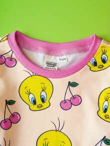 LOONEY TUNES X SHEIN Baby Girl Cartoon Tweety Bird & Cherry Print Cute Sweet Graphic Long Sleeve T-Shirt And Pants Snug Fit Pajama Set - Apricot - View 5