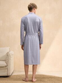 SHEIN 男士灰色格子印花浴袍一件 - 灰色 - 查看 2