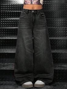 SHEIN Quần jean denim ống rộng cạp cao, họa tiết ngôi sao, tua rua, rách nhẹ, kiểu dáng thời trang Y2K thập niên 90 dành cho bé gái, gấu quần cắt thô và túi xéo, phong cách thường ngày thoải mái, tối giản, thiết thực, đa năng, chất liệu mềm mại, thích hợp cho mùa thu đông, đi học, lễ hội, thời trang đường phố. - màu đen - Xem 3