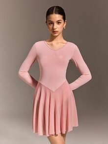 SHEIN Teen Girls Long Sleeve Pink Ballet Dance Dress, Round Neck With Ruched Front Design, Cute Bow Back Design, Soft & Lightweight Mesh Skirt With Snap Crotch, High Stretch & Skin-Friendly, Suitable For Dance, Yoga & Activewear