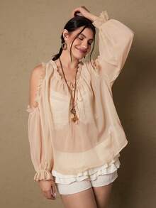 Freevana 大码休闲纯色露肩上衣 - 淡黃色 - 查看 4