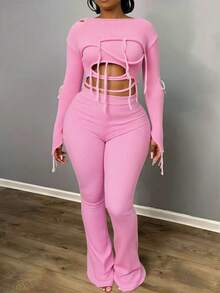 BamGleam 女士毛衣针织长袖一字领粉色镂空流苏截短修身常规款休闲旅行度假派对女装春秋夏冬秋季