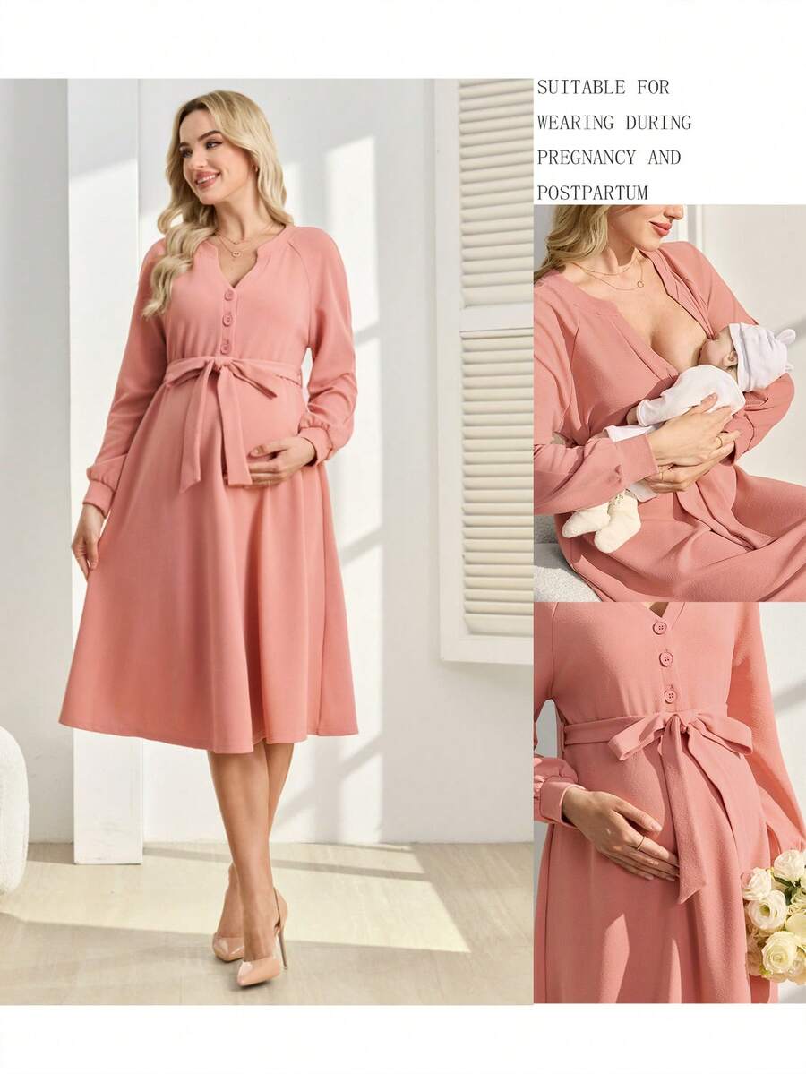 SHEIN 高级针织孕妇哺乳连衣裙，冬季新品 - 粉色 - 查看 1