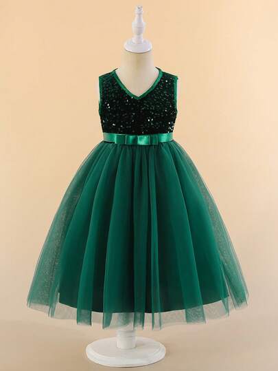 Glamorique Kids Young Girl' Elegant Charming Sequin Mesh Sleeveless Puff Dress, Formal Outfit