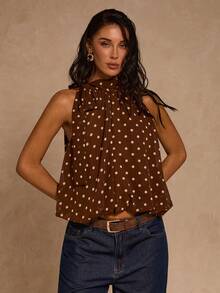 SHEIN Glamour Women's Fashionable Polka Dot Print Sleeveless Blouse, Summer Western Top Pokadot Top Chocolate Brown Top Western Tops Coffee Brown Top Polkadot Top Brown Polkadot Top Sleeveless Top Cofffee Brown Top