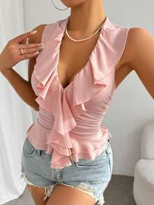 Glamine Women's Solid Color Ruffle Trim Pleated Sexy Fashion Halter Neck Camisole Sexy Blouse For Women Ruffle Top - Dusty Pink - View 4