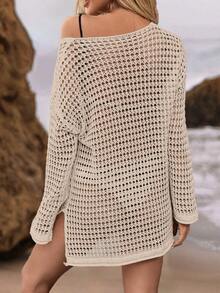 EMERY ROSE Summer Holiday Beach Leisure Loose Knitted Cover-Up Hollow-Out Summer Sweater - Khaki - View 2