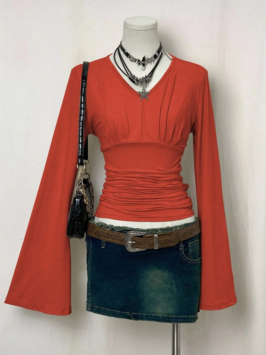 SHEIN Unity Women's Casual Solid Color Ruched Waist Long Sleeve T-Shirt - Orange - View 1