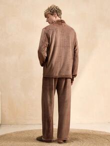 EverLounge Fleece Crew Neck Top And Pants Men's Pajama Set - Brown - View 2