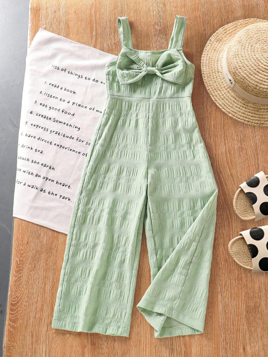 Genkimix Kids 夏季新款女童休闲度假清新格纹面料蝴蝶结肩带松紧腰连体裤 - 綠色 - 查看 1