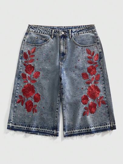 ROMWE MEN Street Life Men's Floral Embroidery & Rhinestone Decor Denim Shorts