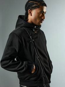 ROMWE MEN Goth Men's Casual Versatile Airplane Buckle Zipper Hoodie - Black - View 8