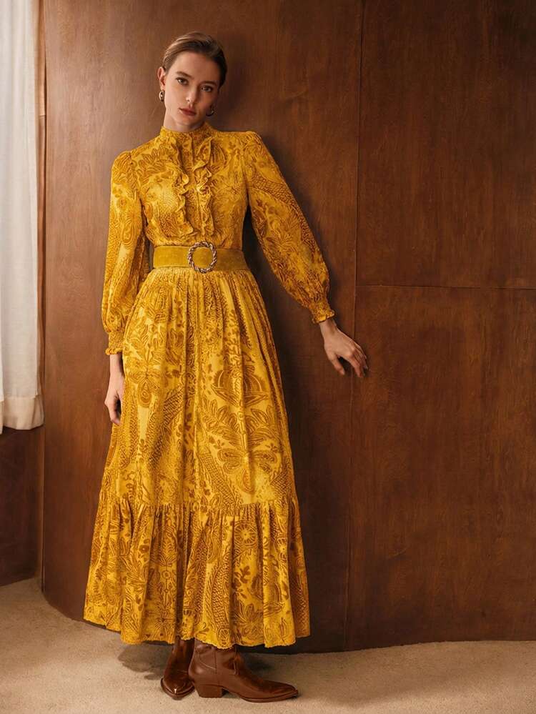VELVET FLOCKED JACQUARD LANTERN SLEEVE RUFFLE HEM DRESS
