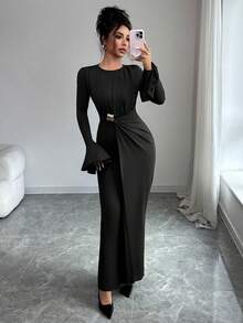 Elenzga Women's Solid Color Round Neck Flare Sleeve Waist Decorated Button Long Dress - Black - View 5