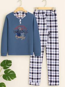 Conjunto de 2 Piezas Pijama de Forro Afelpado Algodón para Hombre, Suave Pantalón y Playera Casual con Mangas Largas y cuello redondo con Botones, Cómodo de Dos Piezas, Ropa de Dormir para el Hogar - Agua verde azul - Ver 1