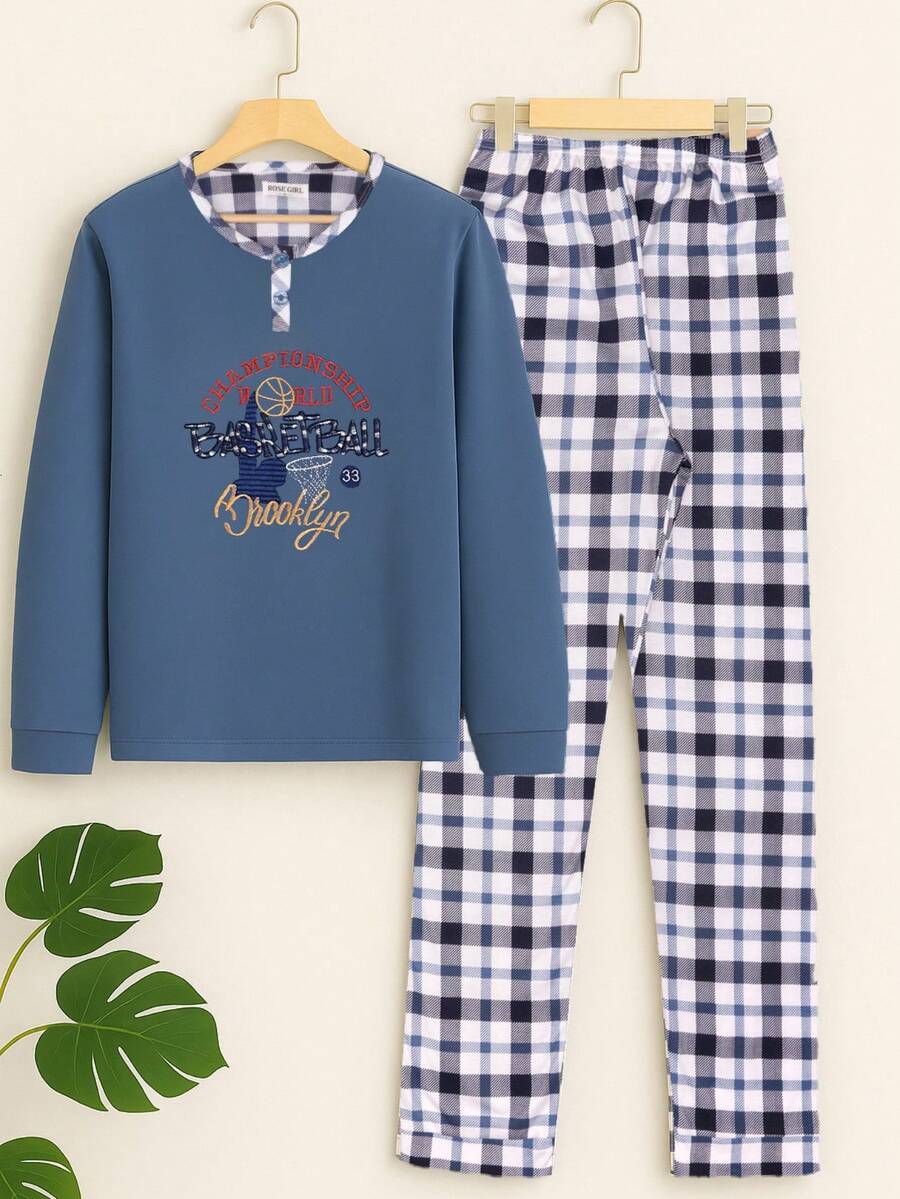 Conjunto de 2 Piezas Pijama de Forro Afelpado Algodón para Hombre, Suave Pantalón y Playera Casual con Mangas Largas y cuello redondo con Botones, Cómodo de Dos Piezas, Ropa de Dormir para el Hogar - Agua verde azul - Ver 1