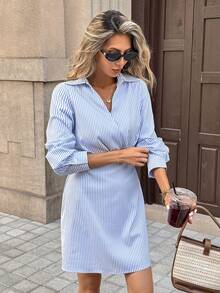 Pariaura French Vintage Striped Shirt Dress - Women's Elegant V-Neck Waist-Defining Long Sleeve Midi Dress For Spring Office Chic Striped Shirt Dress - Women's Sophisticated Collared Waist-Cinched Long Sleeve Dress For Fall Sweet Elegant Striped Shirt Dress - Women's Romantic V-Neck Slim Fit Long Sleeve Midi Dress For Summer - Blue - View 4
