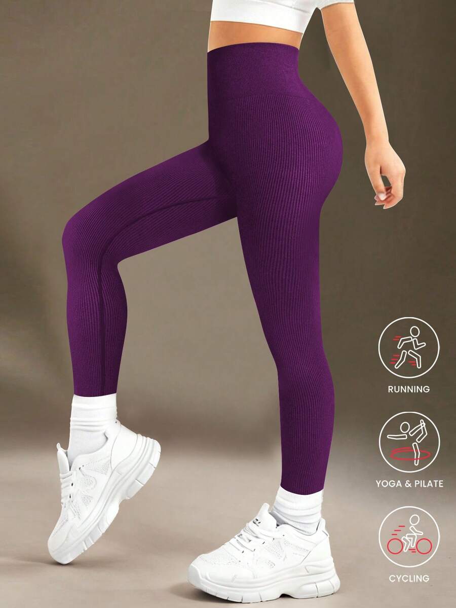 Quần legging thể thao lưng cao liền mạch có gân cho bé gái tuổi teen - Quần legging mềm mại như làn da thứ hai, nhanh khô, thoáng khí, co giãn 4 chiều, dùng để chạy bộ, đạp xe, tập yoga, bóng chày, thường ngày, màu đen - Màu tím - Xem 1