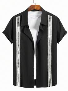 Manfinity Homme Plus Size Men's Summer Casual Patchwork Tape Front Button Short Sleeve Shirt - Black - View 3