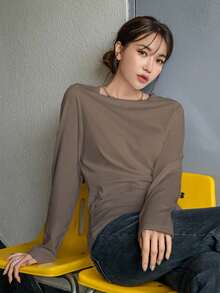 DAZY 纯色圆领长袖休闲宽松T恤 - 棕色 - 查看 5
