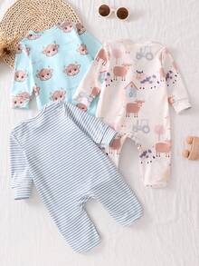 3件套新生儿豌豆绿条纹农场动物印花长袖连脚连体睡衣套装 - 橄欖綠 - 查看 2