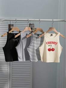 SHEIN EZwear 4件套女士休闲条纹纯色吊带背心，黑色、白色、杏色可选，百搭性感修身款，适合夏季穿着，蝴蝶和樱桃印花设计 - 彩色 - 查看 7