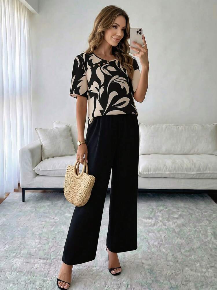 ボタニカル柄 半袖シャツ ワイドパンツ カジュアル 2点セット レディース